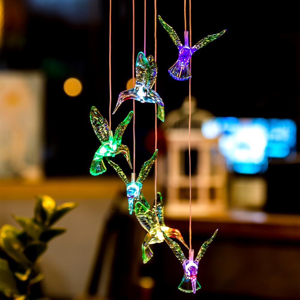 New Humming Bird LED Solar Light Romantic Windbell Lights Wind Chime Light String Lamp Color Changing for Patio Yard Decor