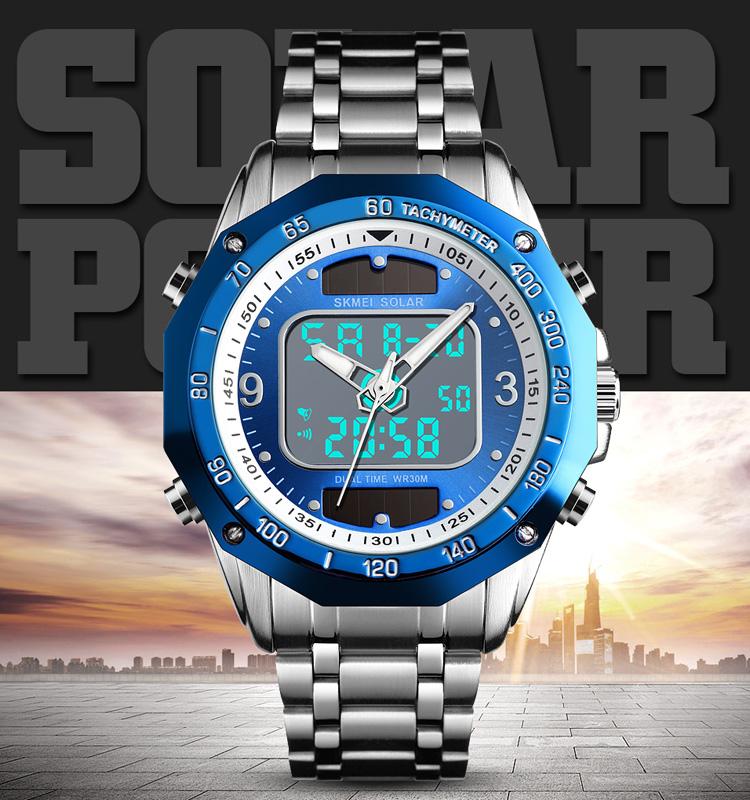 NEW 2020 Men SKMEI Luxury Brand Solar-powered Watch Full Steel Clock Army Military Outdoor Wrist Quartz Casual Sports Watches