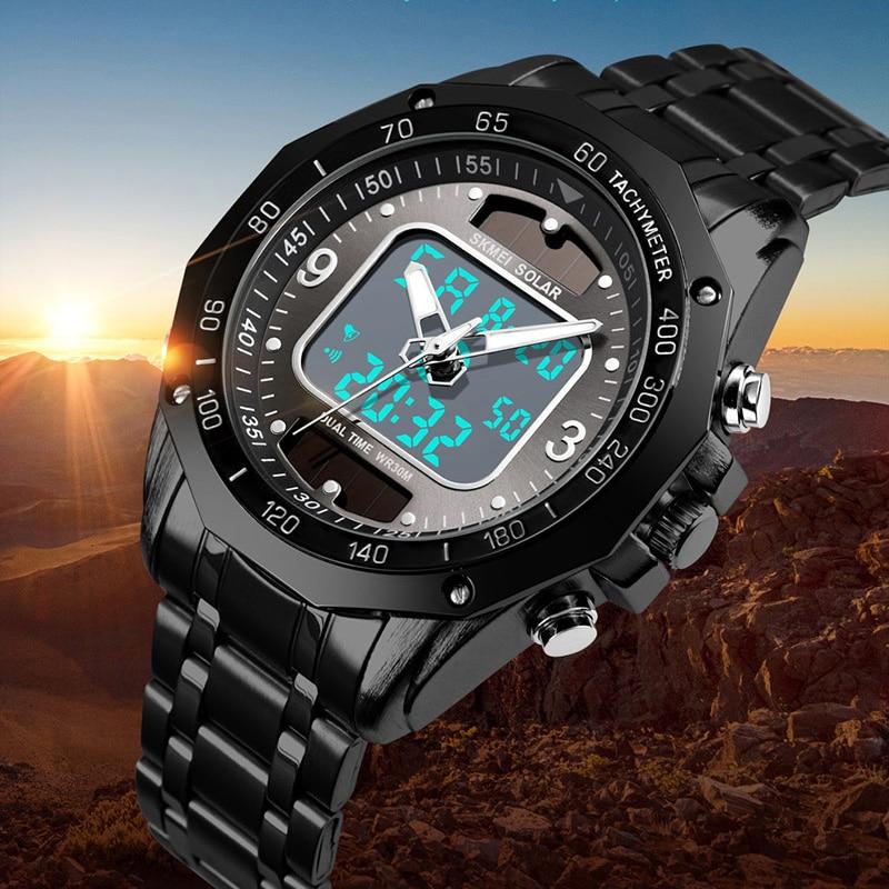 Men's Watches Solar Sports Digital Quartz Watch Men Clock Full Steel Waterproof LED Wrist Watch relogio masculino 2019 SKMEI